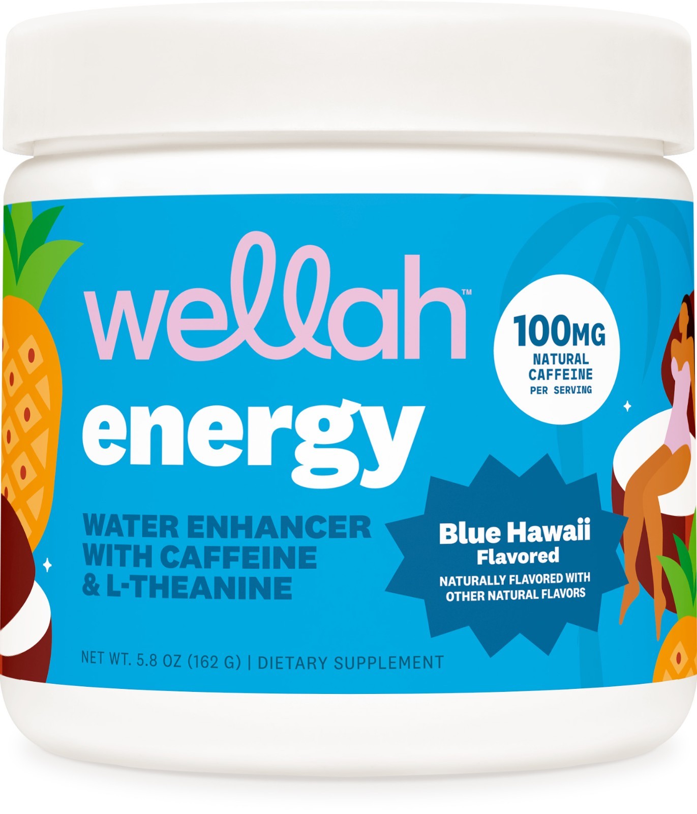 Wellah Energy Powder (Blue Hawaii) 30 Servings - Water Enhancer with Caffeine