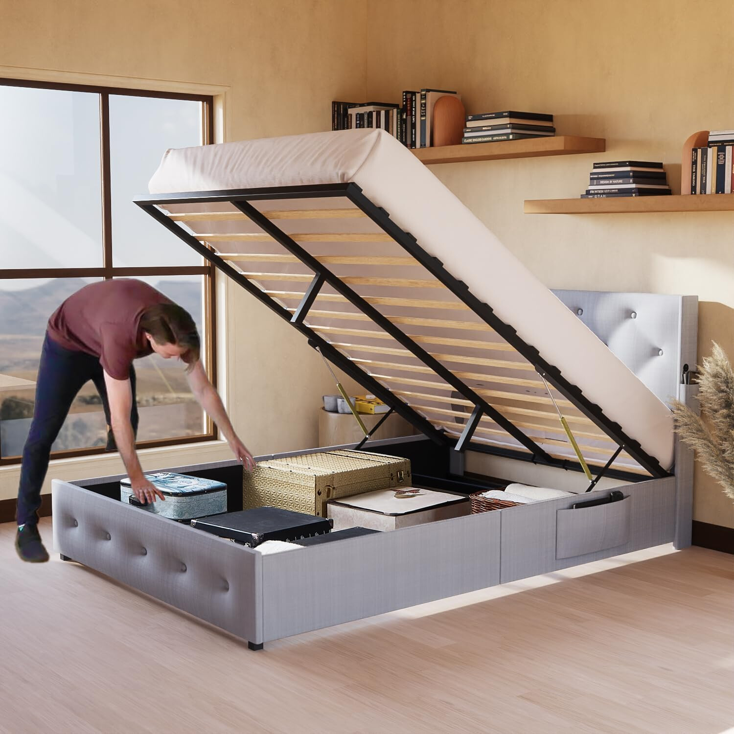 Full Size Bed Frame Upholstered Platform Bed Frame w/ Headboard and USB Ports