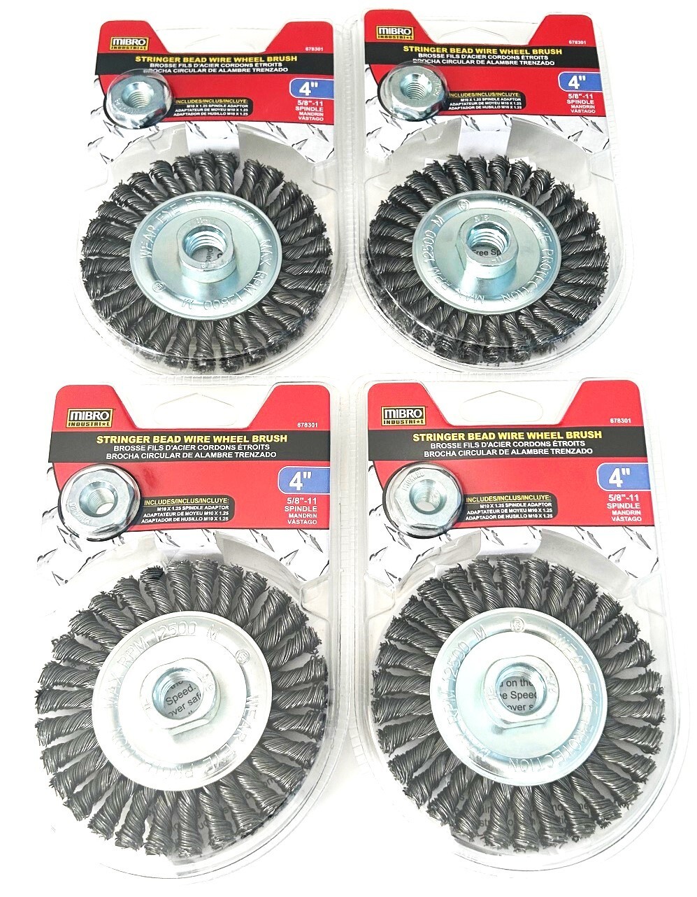 4 MIBRO 4" KNOTTED STRINGER BEAD WIRE WHEELS ANGLE GRINDER 5/8"-11 THREAD 678301