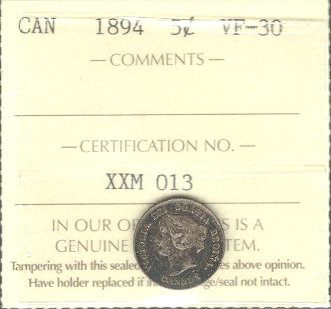 1894 Five Cents Silver ICCS VF-30 HIGH Grade NICELY TONED Victoria KEY Canada 5¢