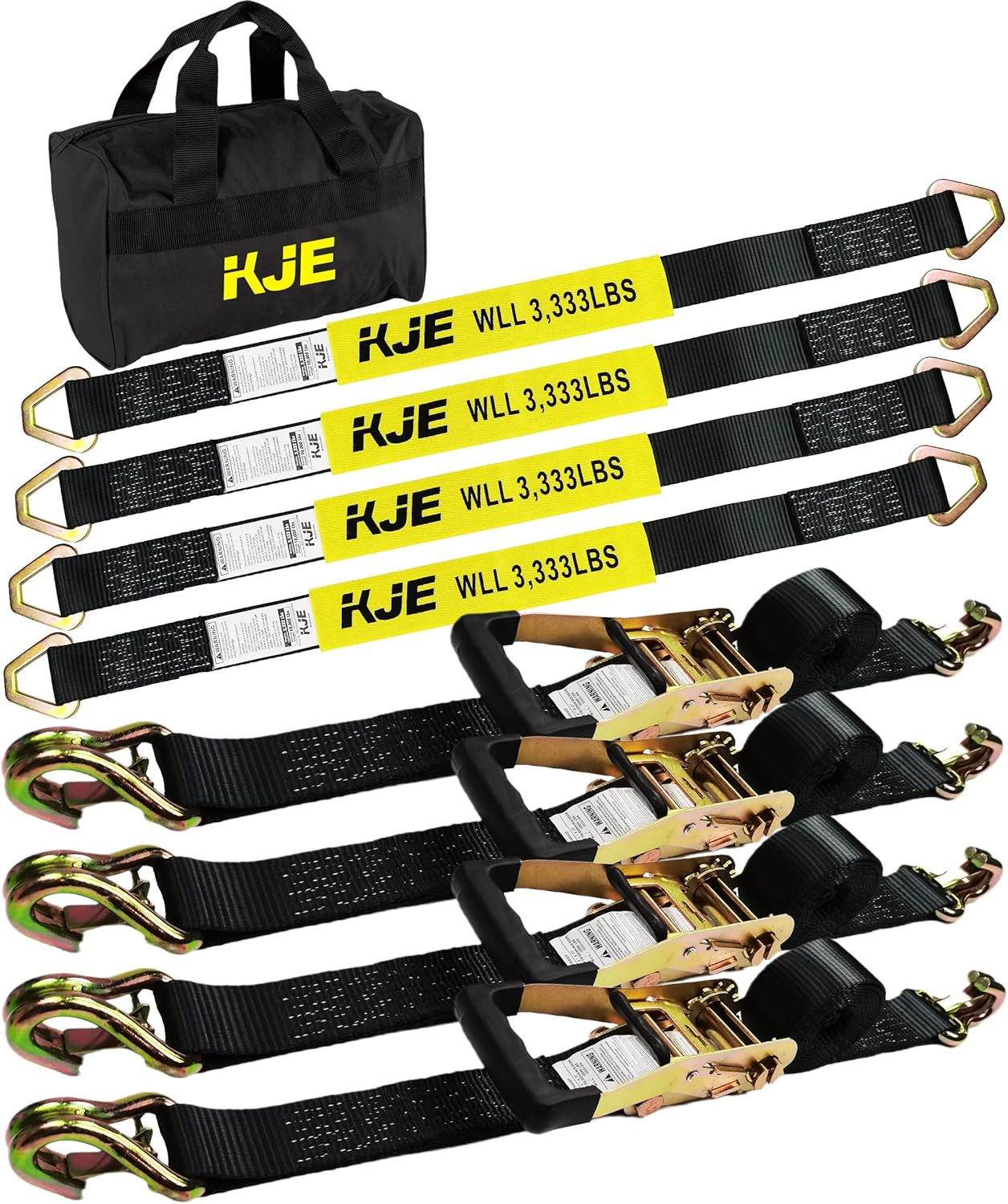 Heavy Duty Car Trailer Tie down Straps 4 Pack Kit - 2" X 8' Ratchet Straps + J-H