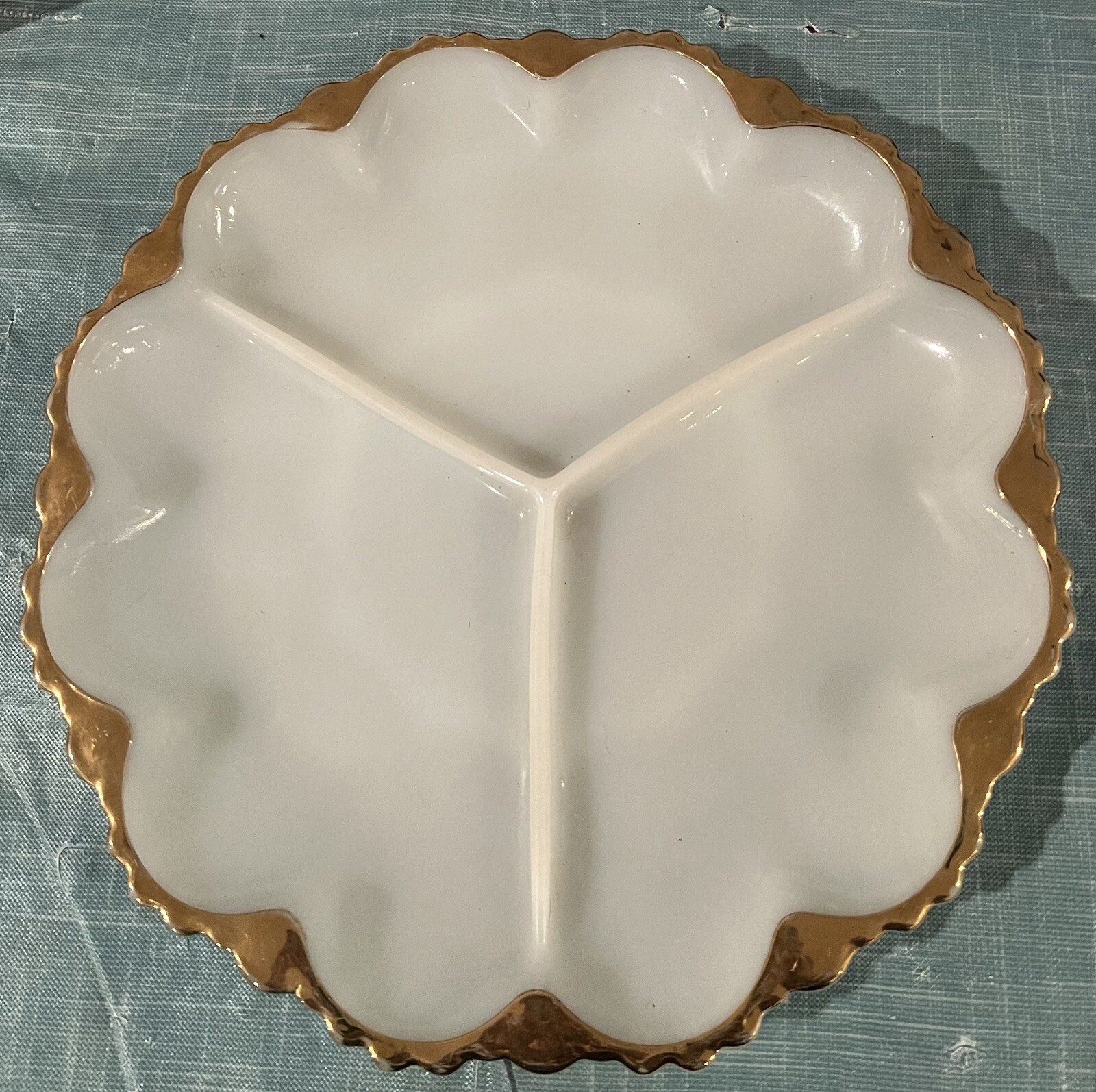 Anchor Hocking Fire King 3 Part Serving Dish Relish White w/ Gold Detail