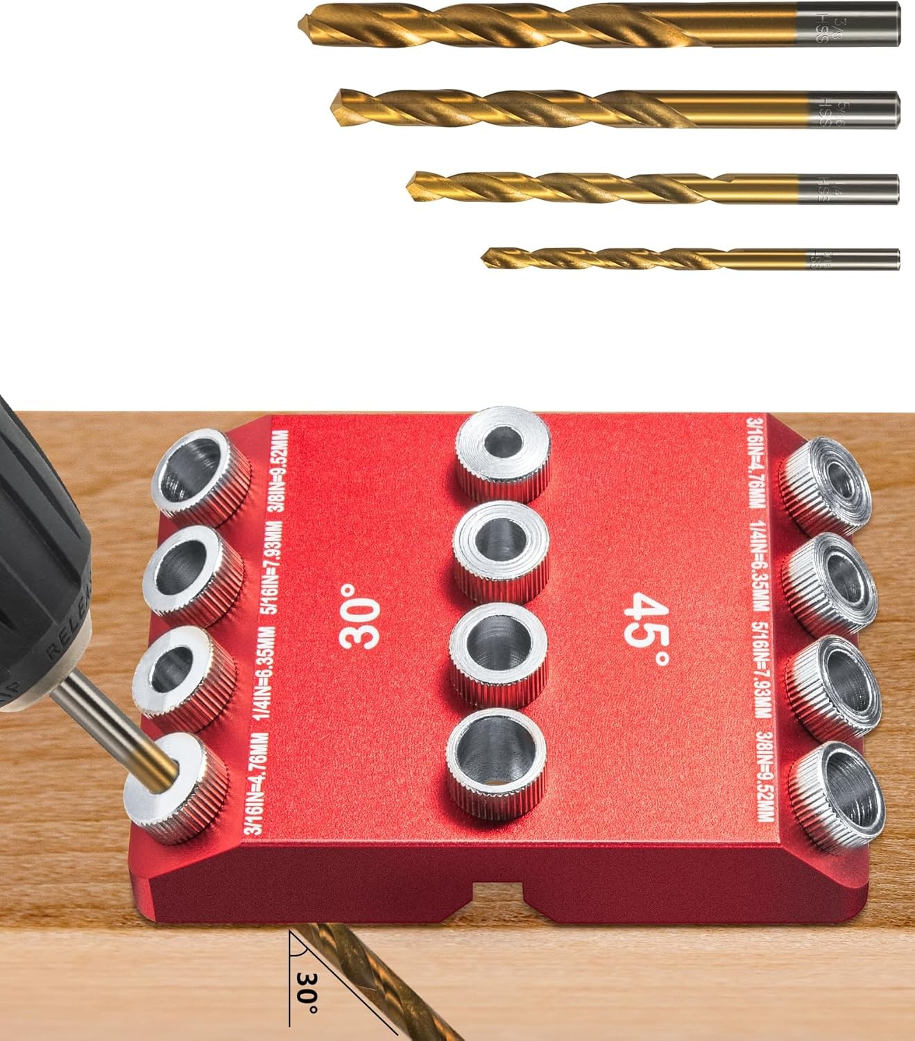30° 45° 90° Angle Drill Guide Jig with 4 Bits Portable Pocket Hole Tool