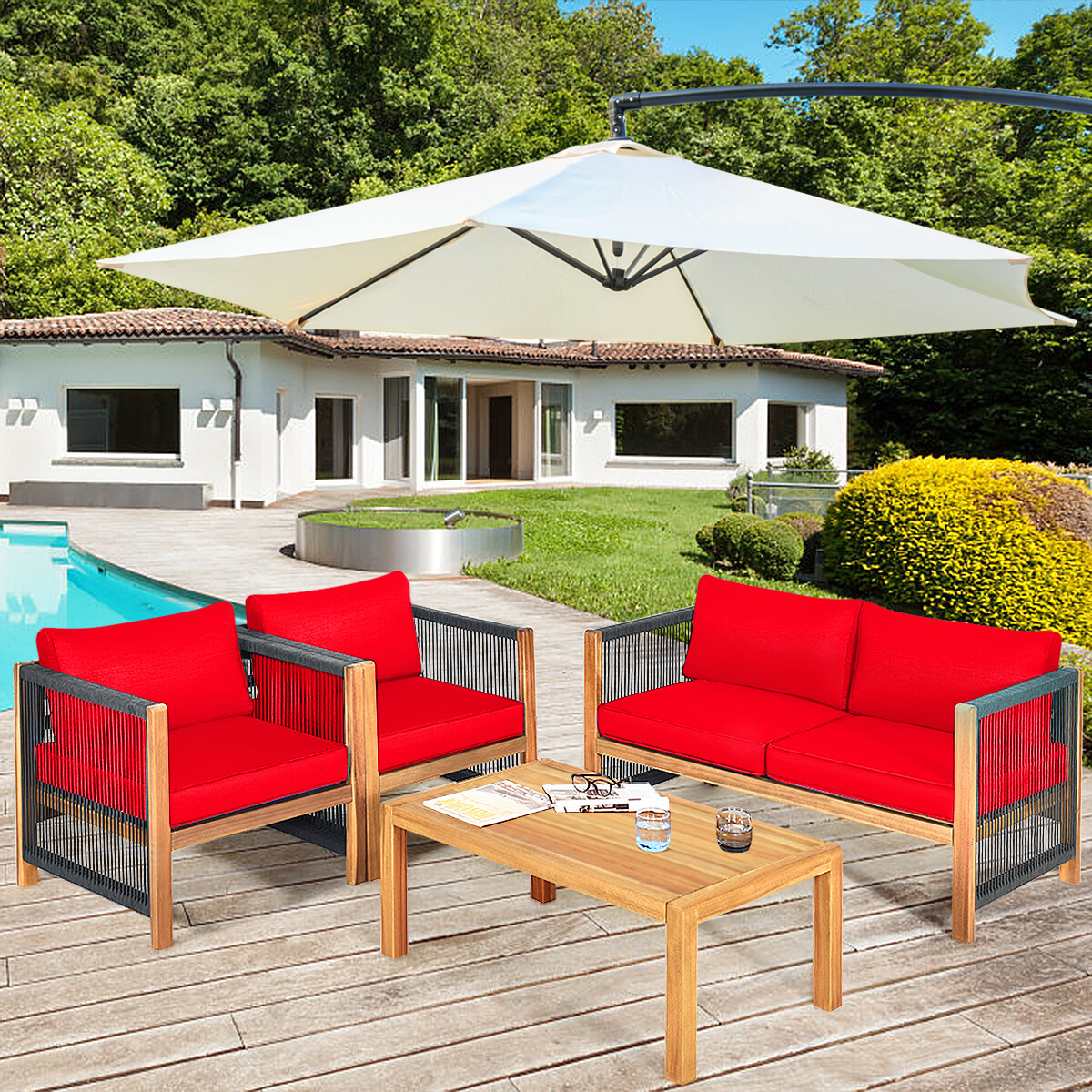 Patiojoy 4-Piece Outdoor Patio Wood Conversation Furniture Set Padded Chair