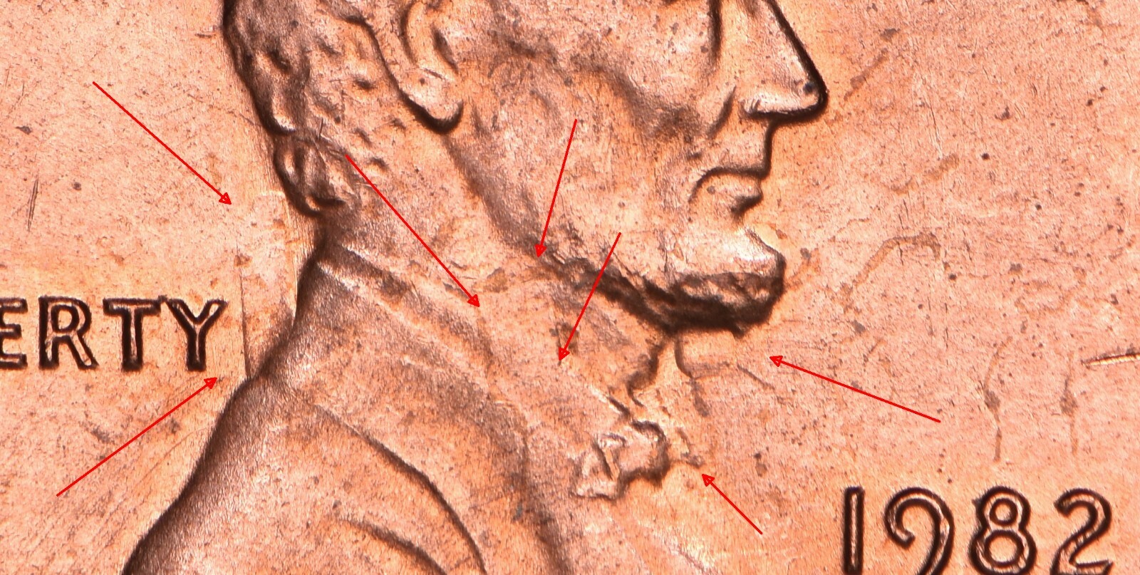 1982-P Lincoln Memorial Cent Small Date Copper Obverse Die Clash BU Red