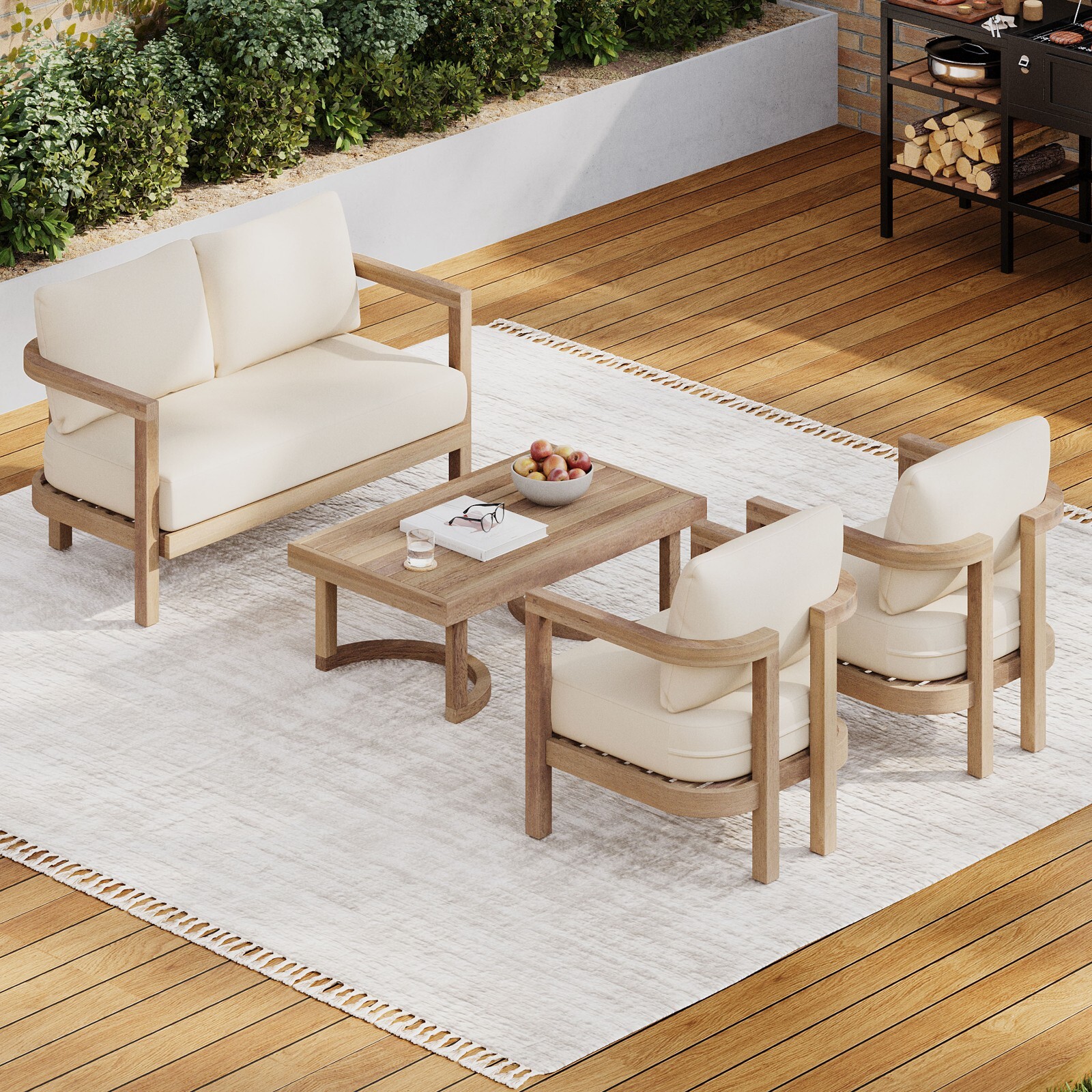 Outdoor Acacia Wood 4 Seater Chat Set with Cushions, Beige and Brown Wash