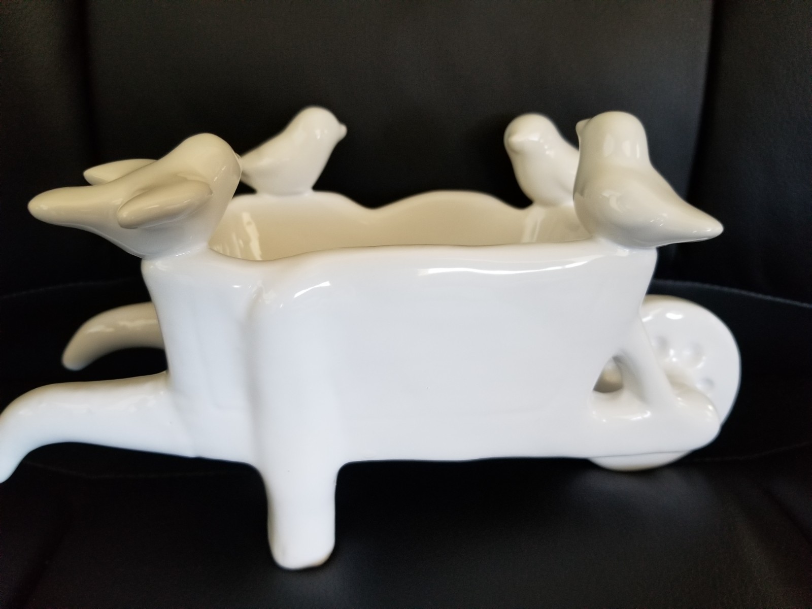 Wheelbarrow & 4 Birds Ceramic White Planter, Candy Dish or Decorative Figurine