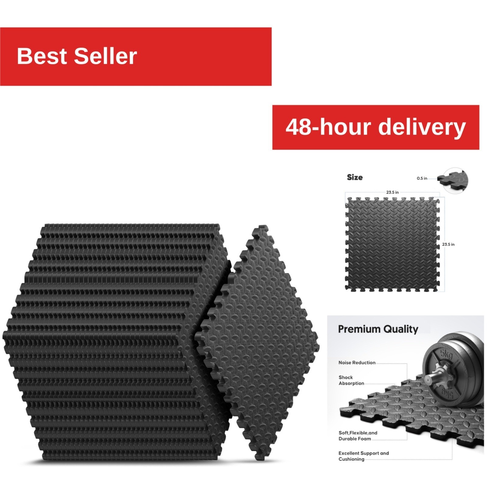 Nazhura 12 Pack EVA Foam Interlocking Gym Mats - 48 SQ FT - Black