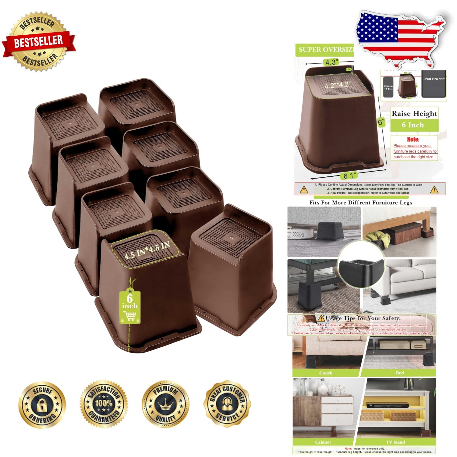 Oversized Furniture Risers 6 Inch Heavy Duty - Stable & Secure Support