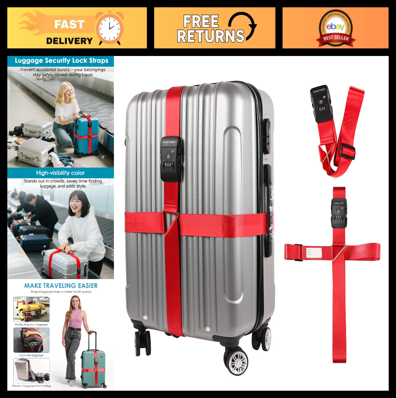 Adjustable Luggage Straps with TSA Lock - Anti-Burst, High Visibility, Heavy Dut