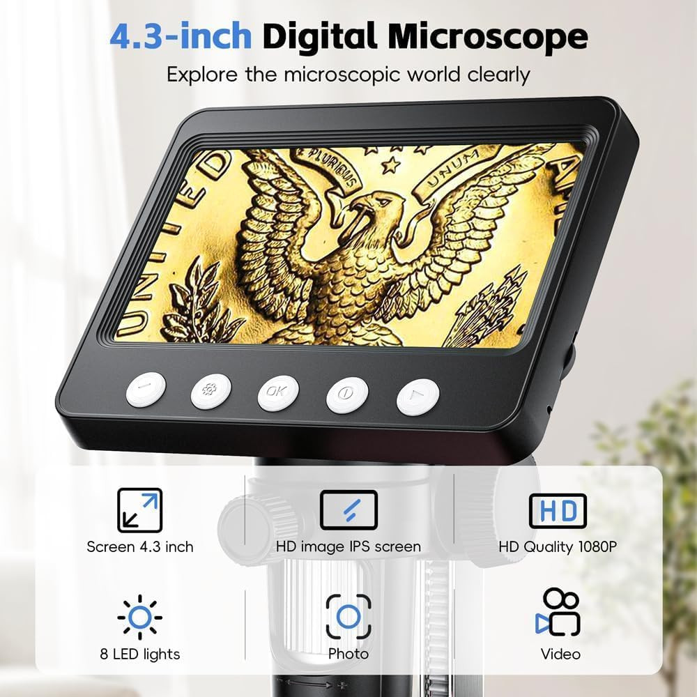4.3" Digital Microscope for Adults, Coin Microscope 1000X Magnification