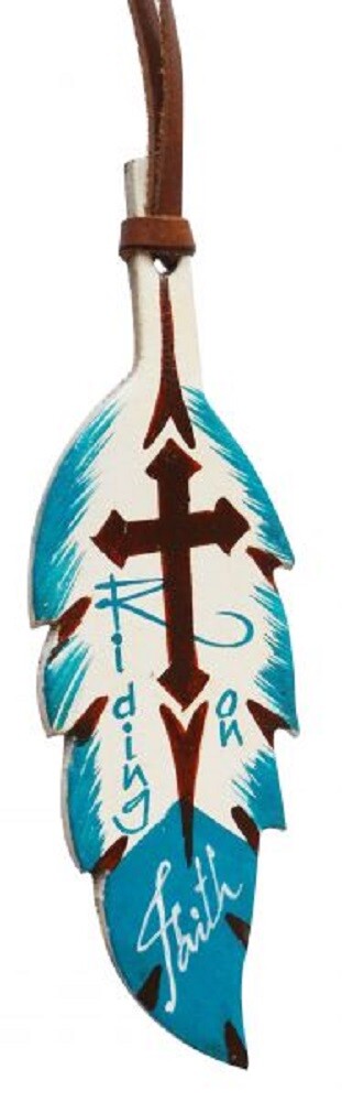 5" Teal & brown painted LEATHER 'RIDING ON FAITH' TIE ON w/ Cross Horse saddle