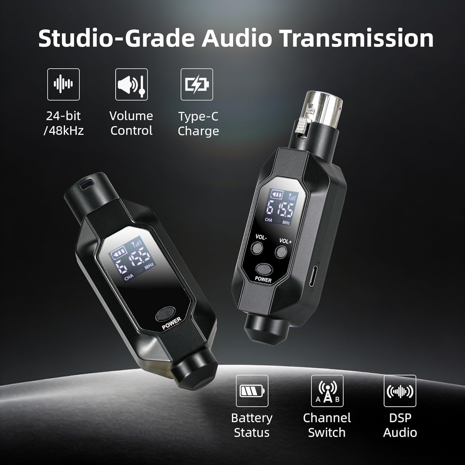Wireless XLR Microphone Transmitter Phantom Power, 2.4G Auto Noise Reduction, Re