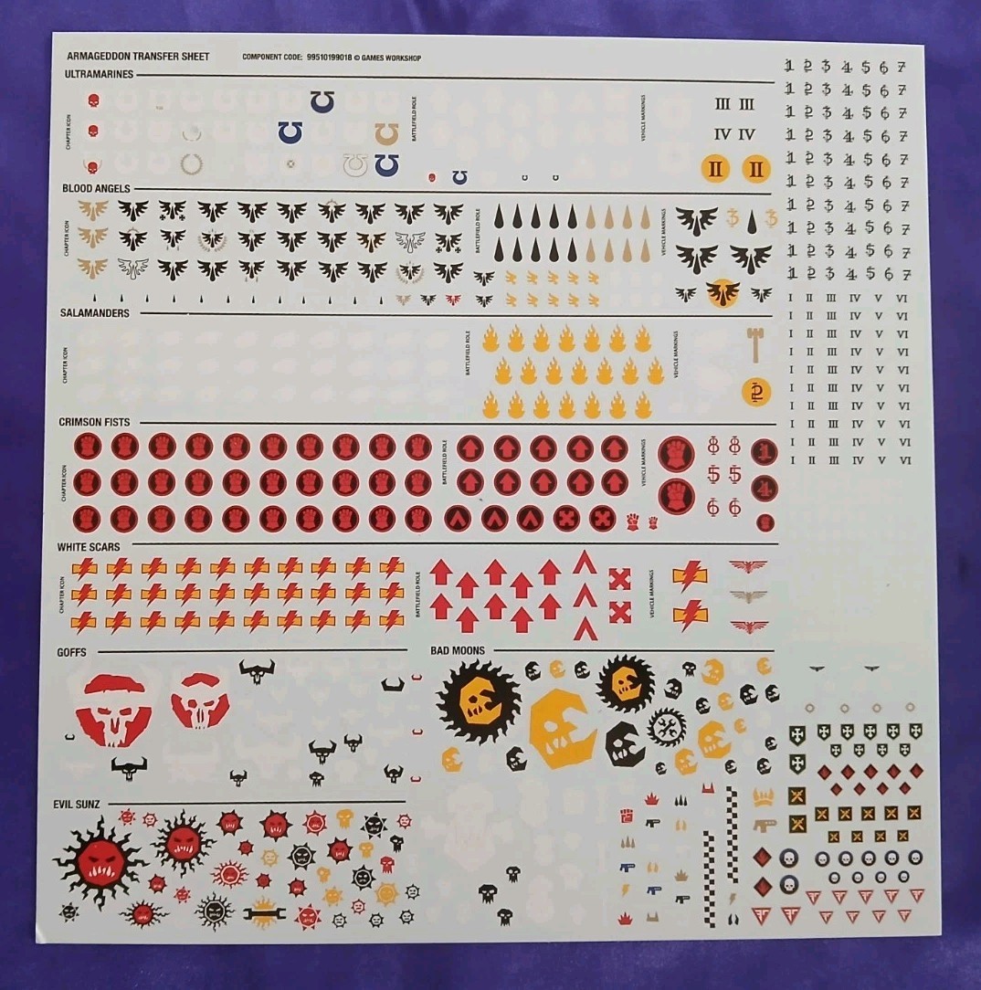 Warhammer 40k ARMAGEDDON, Transfer Sheet, NEW
