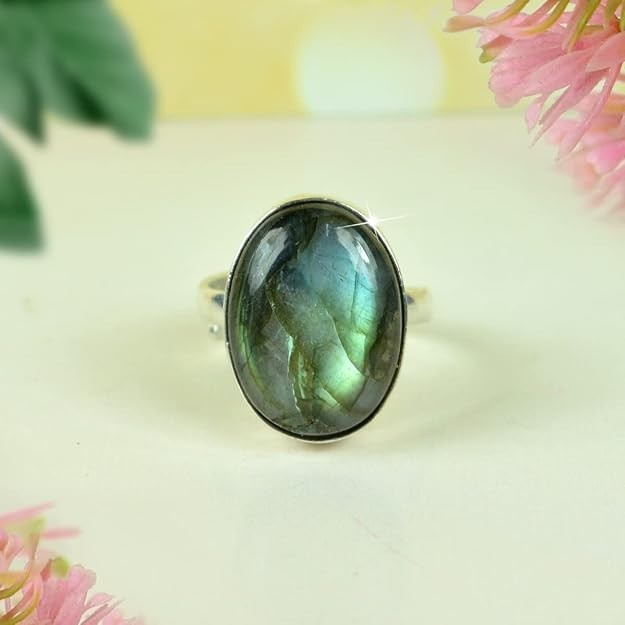 Natural Rainbow Labradorite Gemstone Ring 925 Silver Handmade Adjustable Ring