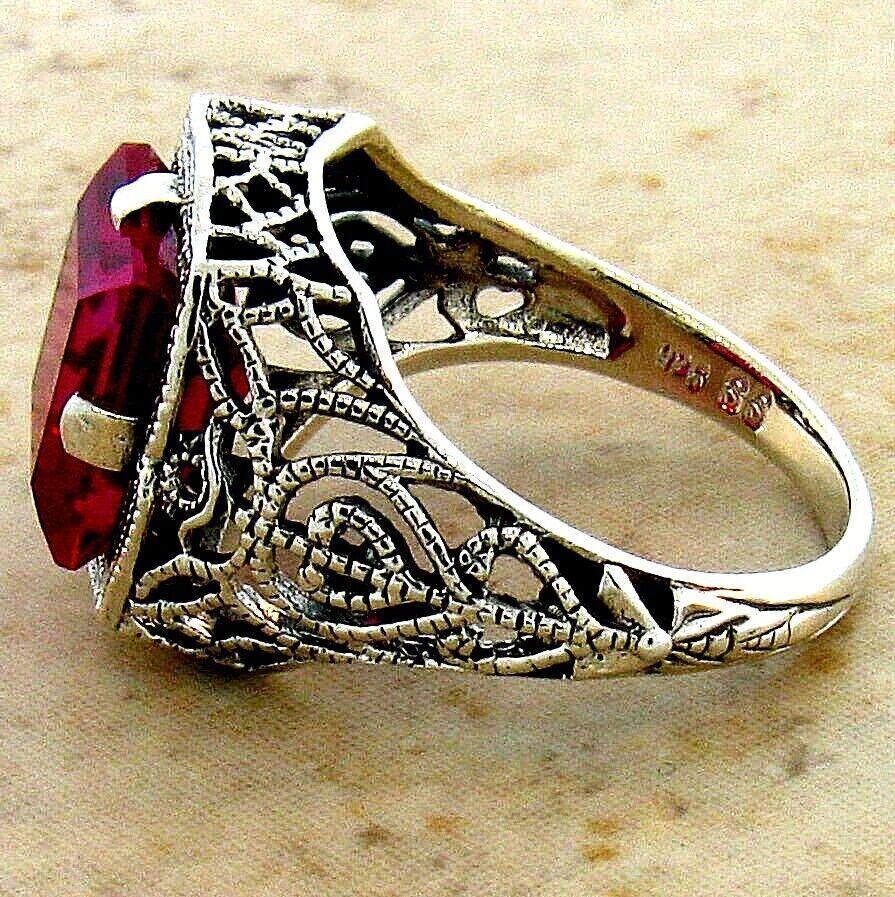 DECO ANTIQUE STYLE 925 STERLING SILVER 5 CT LAB-CREATED RUBY FILIGREE RING #109