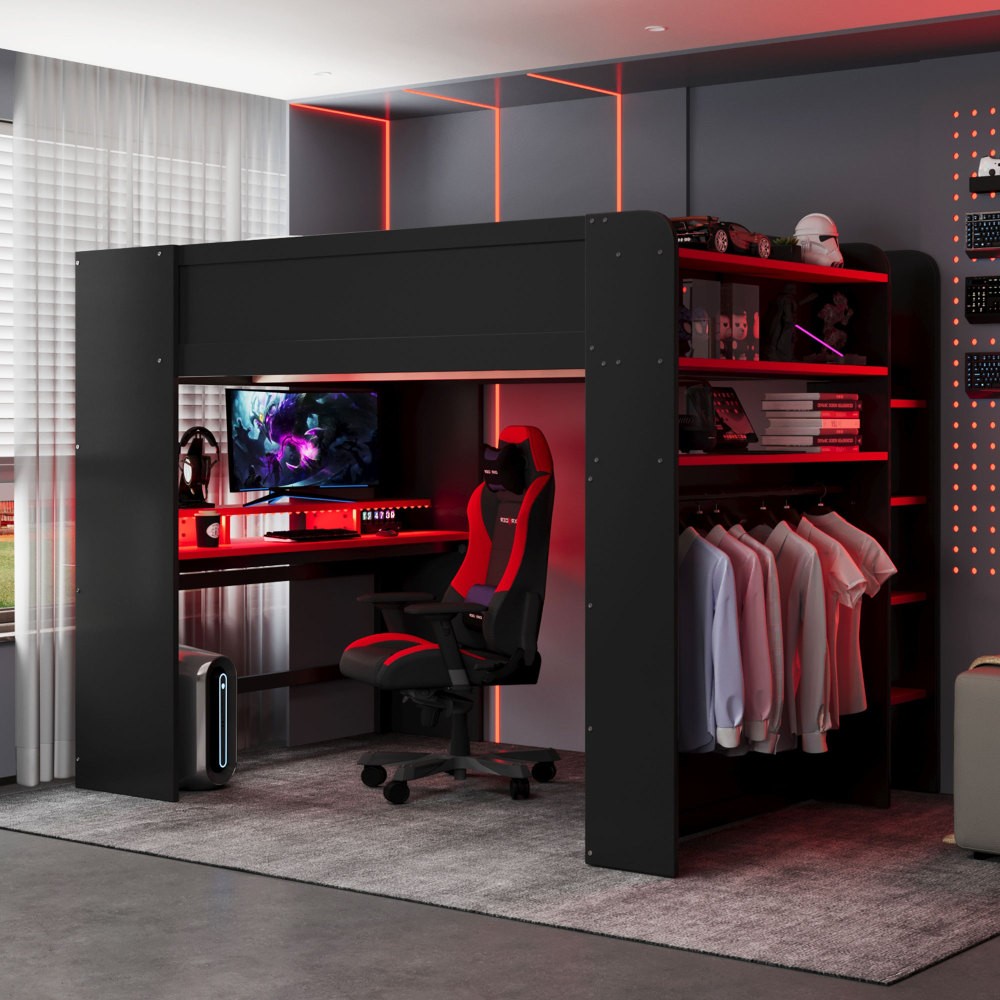 Full Size Bunk Bed with Desk, RGB Lights, Wardrobe, Storage for Gaming Setup