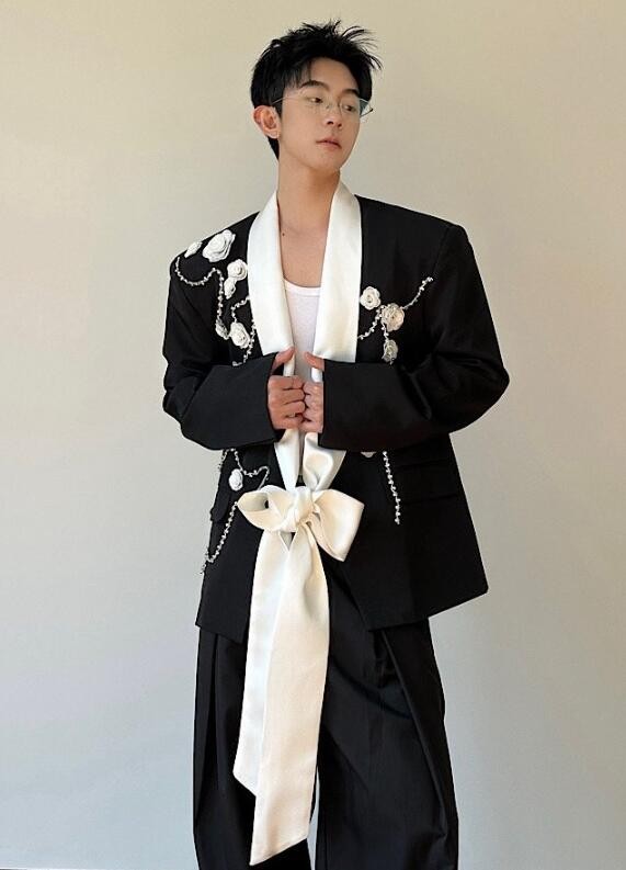 Chic Men Lapel long tie Bowknot Floral Beads Suit Tops Short Jacket Party Coat
