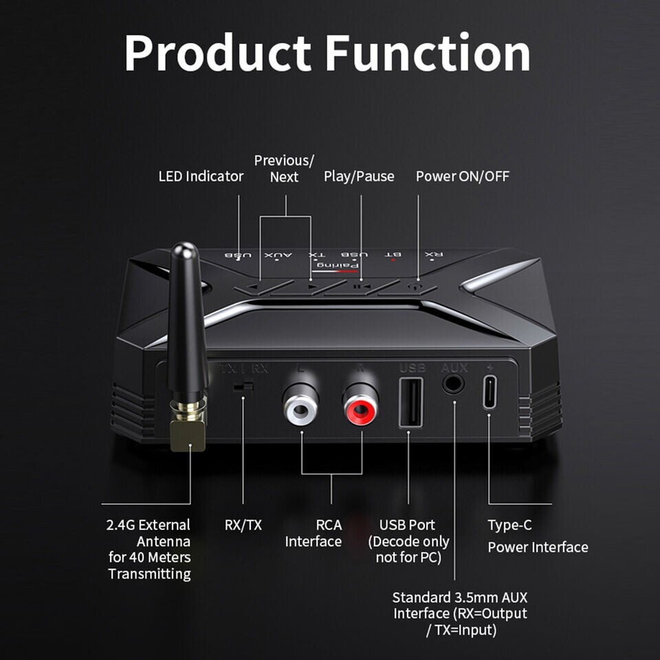 Portable Wireless Bluetooth Transceiver Long Range Bluetooth 5.0 Audio Adapter