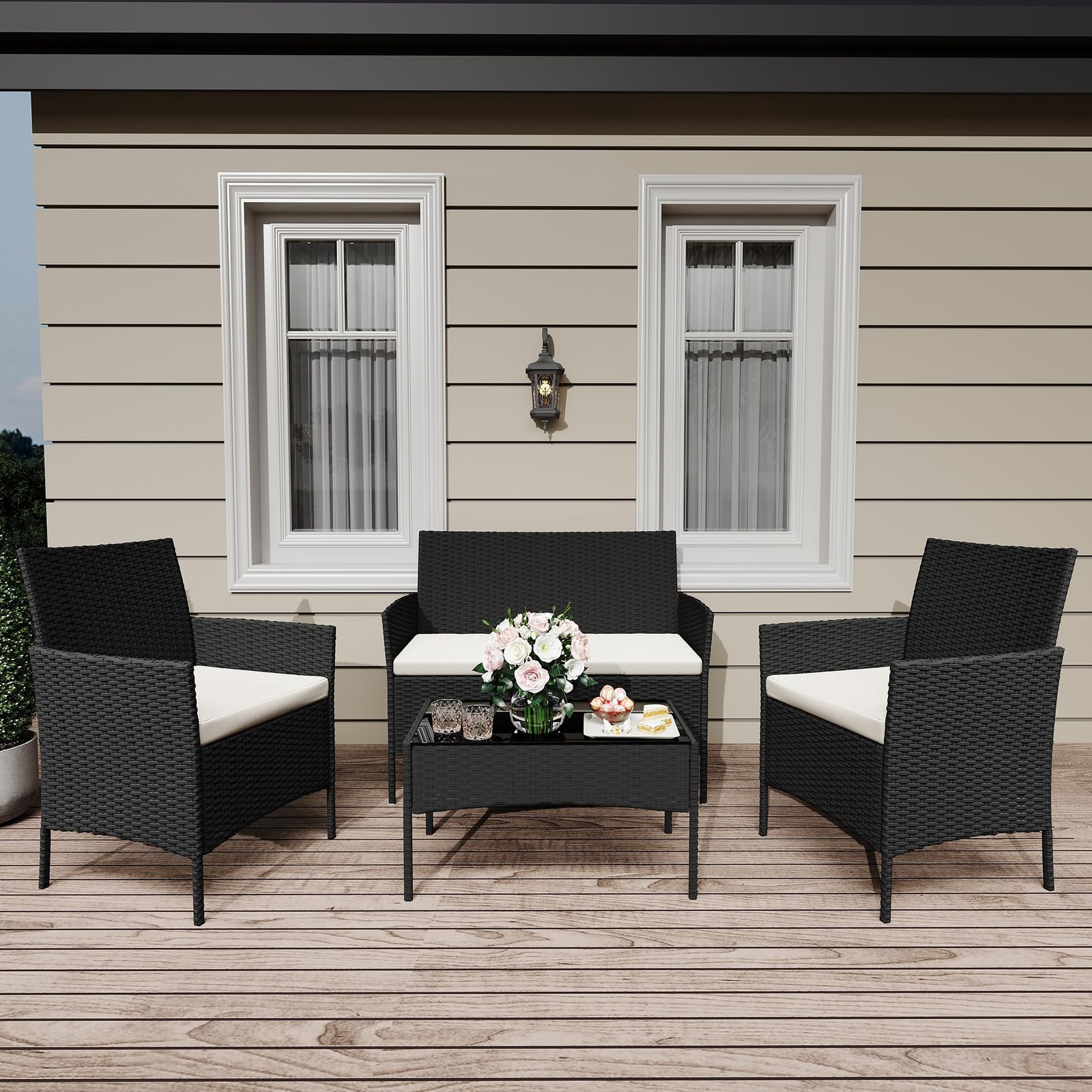 4-Piece Wicker Patio Conversation Set,Outdoor Furniture,Coffee Table for Garden
