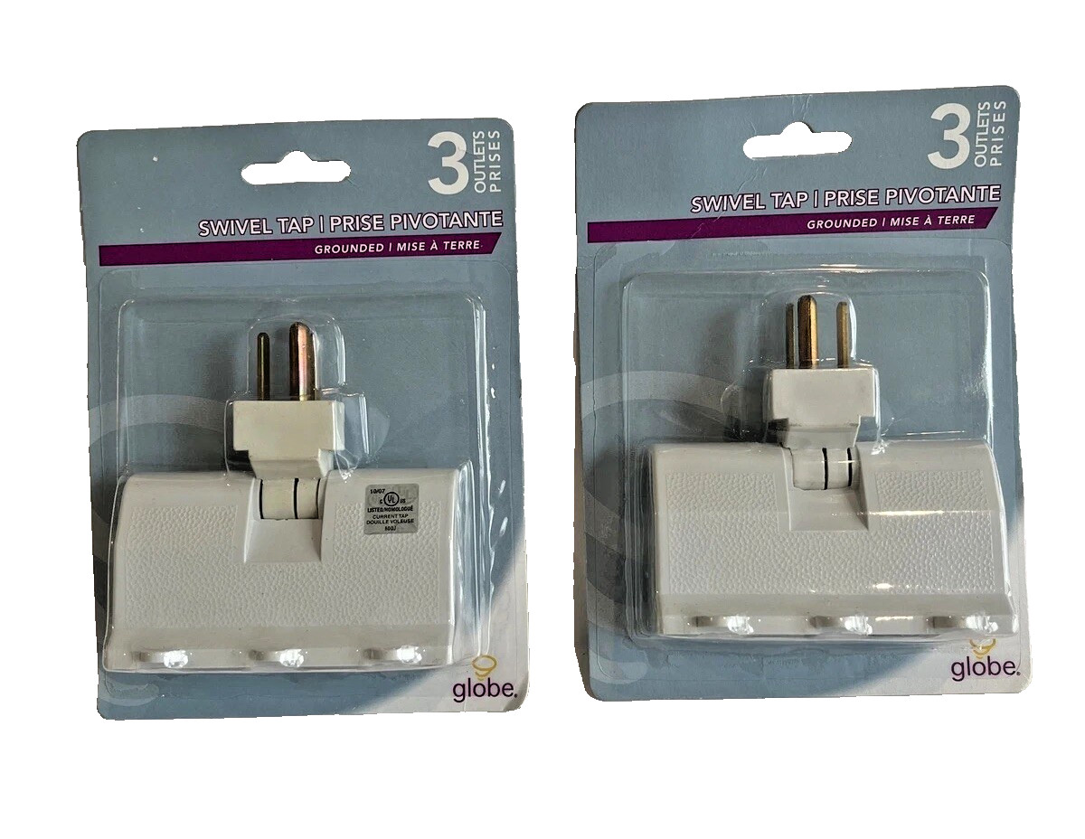 3 Outlet Lateral Swivel Grounded Wall Adapter Tap Globe Lot of 2 NIB New