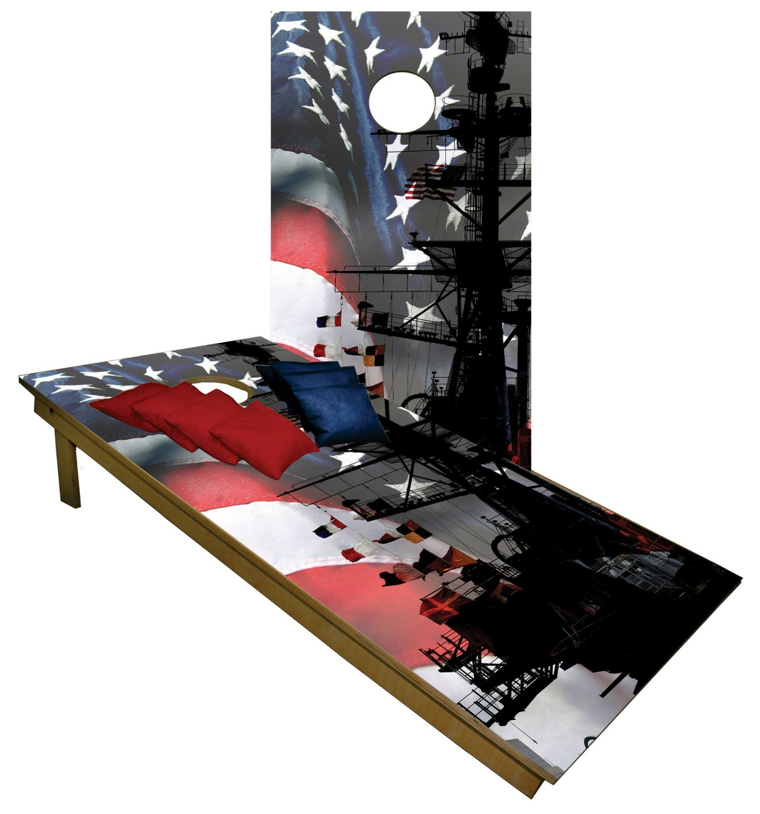 CORNHOLE BEANBAG TOSS GAME w Bags 24X48 American Patriotic Flag Navy Ship Set