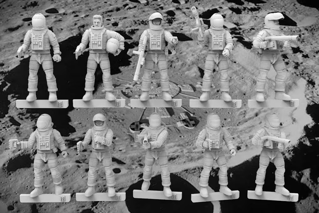 Moonbase Astronauts - 28 / 32mm scale tabletop miniatures x10 (BMT3D)