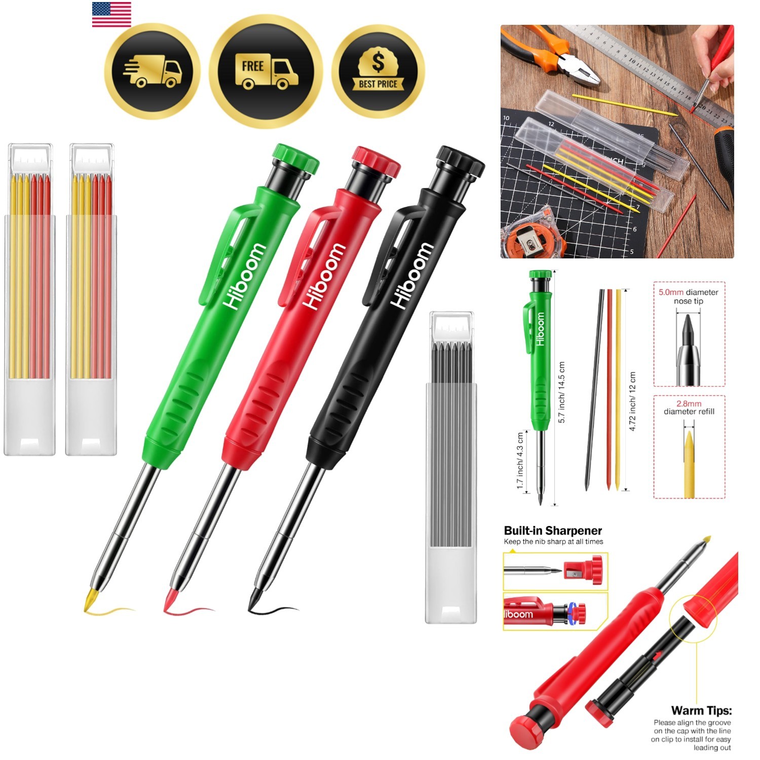 Carpenter Pencil Set with Refills Deep Hole Marking Tool Multi-Color