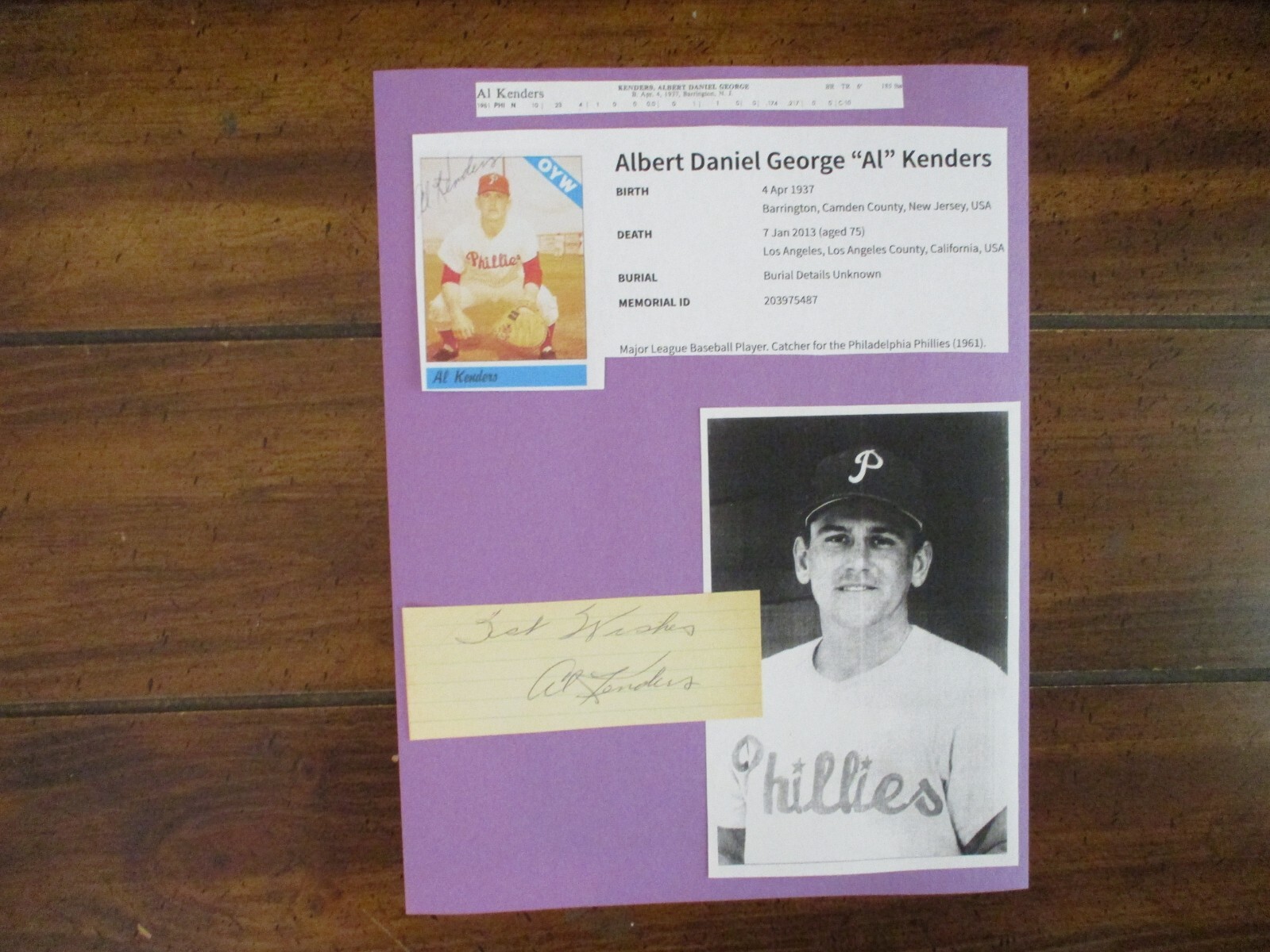 AL KENDERS(Died-2013)Signed Trimmed Index Card w/8 1/2 x 11 Display w/Photo/Obit