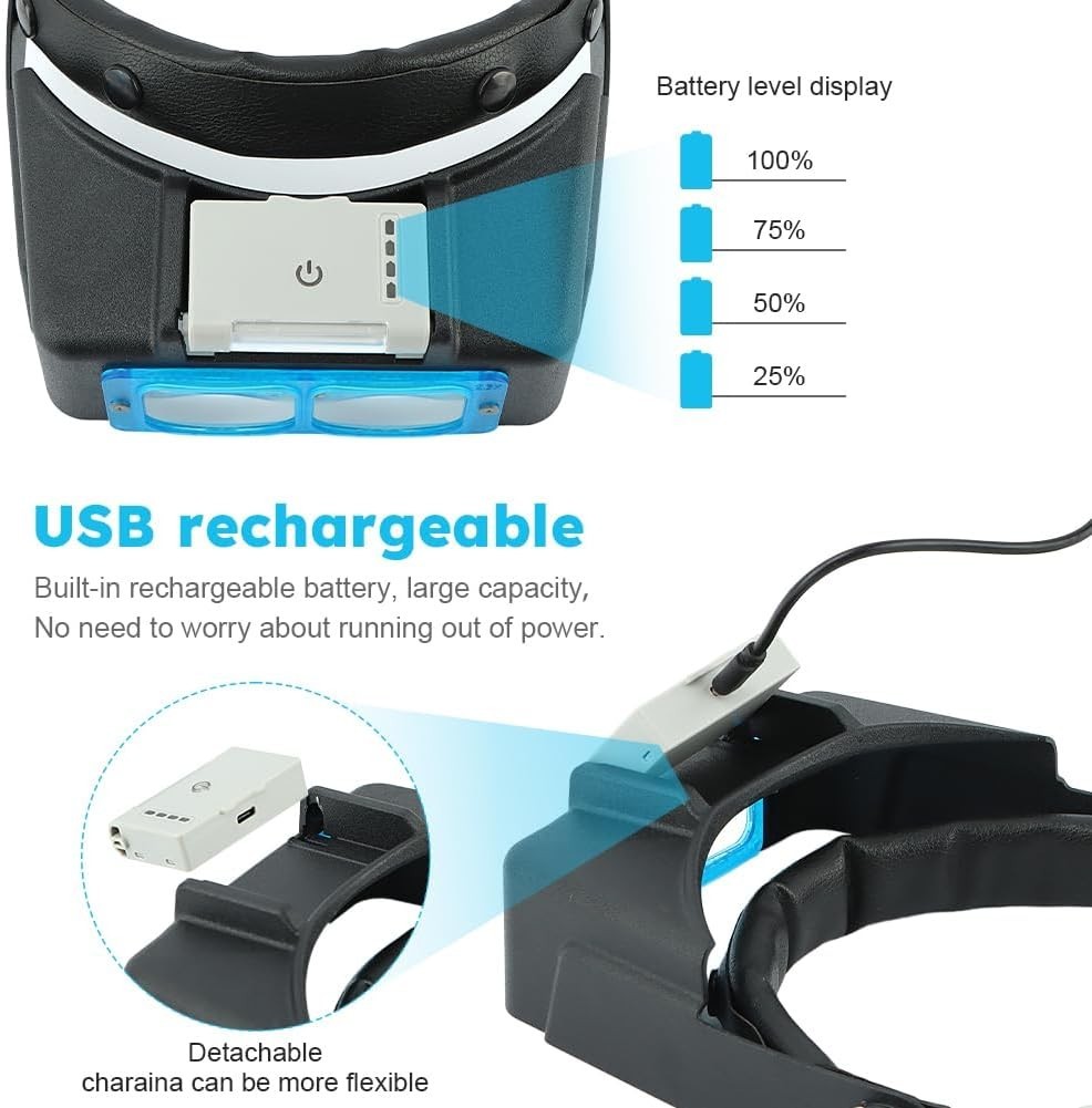 Headband Magnifier with Light,Rechargeable Magnifying Glasses for Close Work NEW