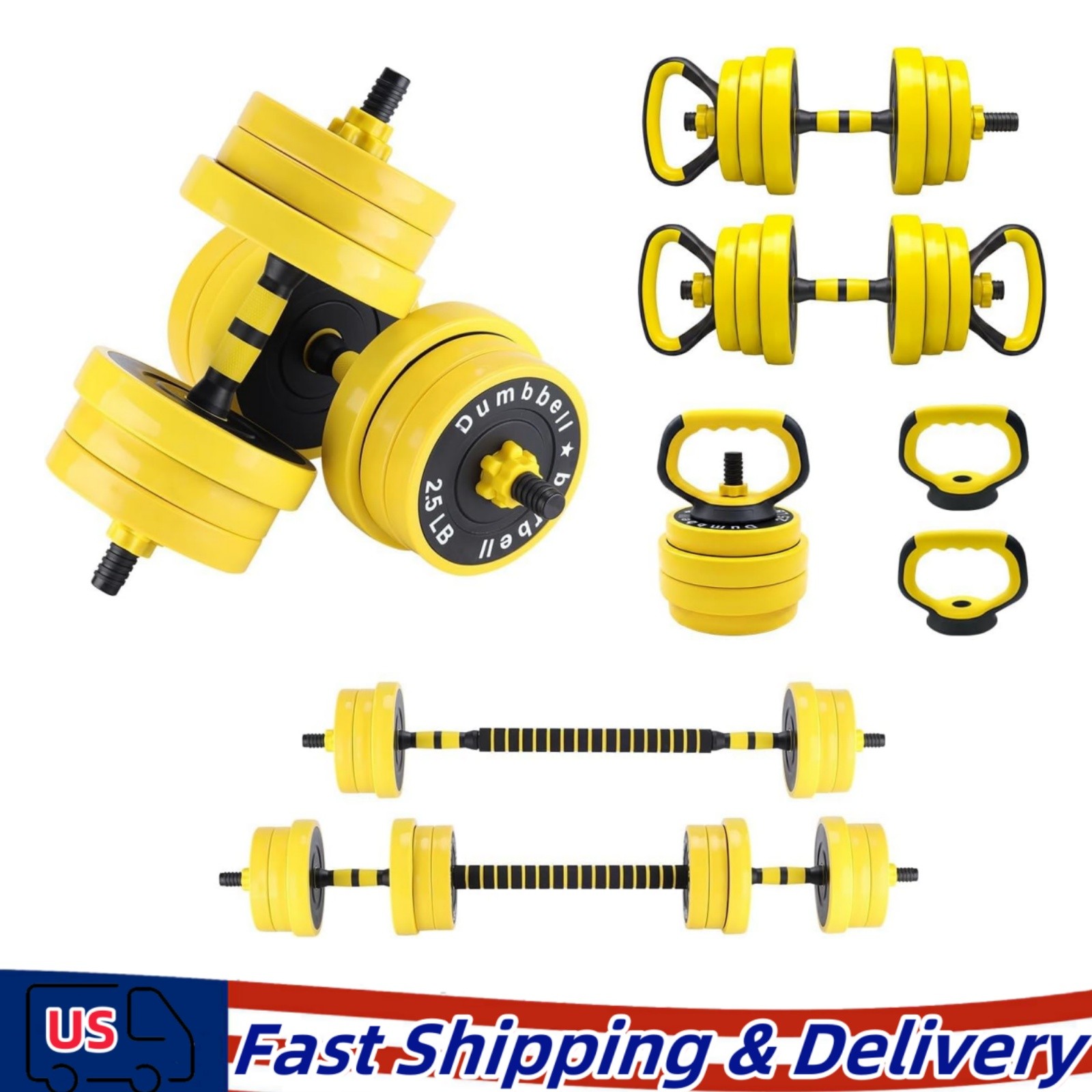 44LB 4-in-1 Adjustable Dumbbell Set: Barbell Push-Up Bars & Rubber Plates