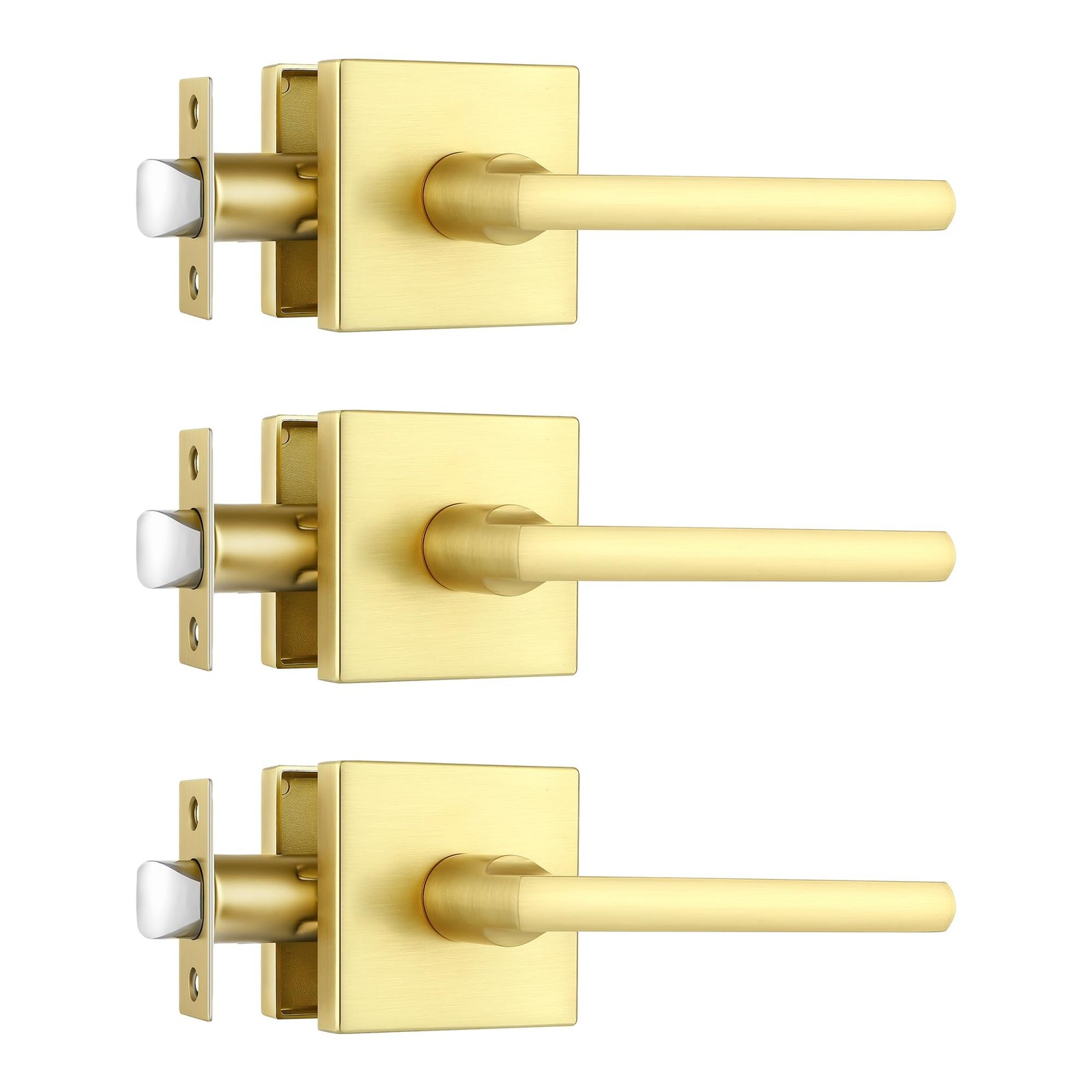 3 Pack Satin Brass Passage Door Levers Square Hall Closet Handles, Heavy Duty...