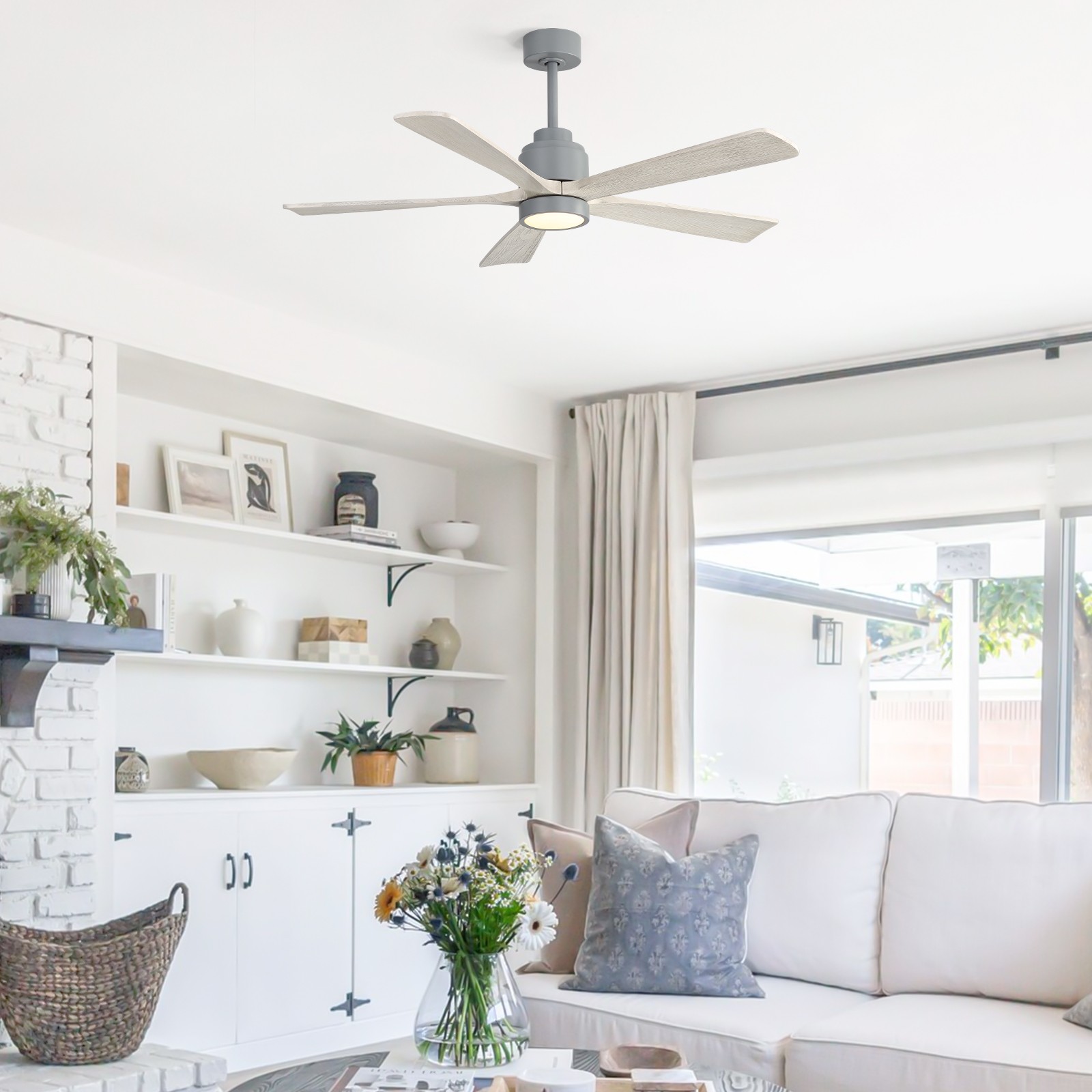 52in Solid Wood Ceiling Fan with Light and Remote Control Quiet Reversible Motor