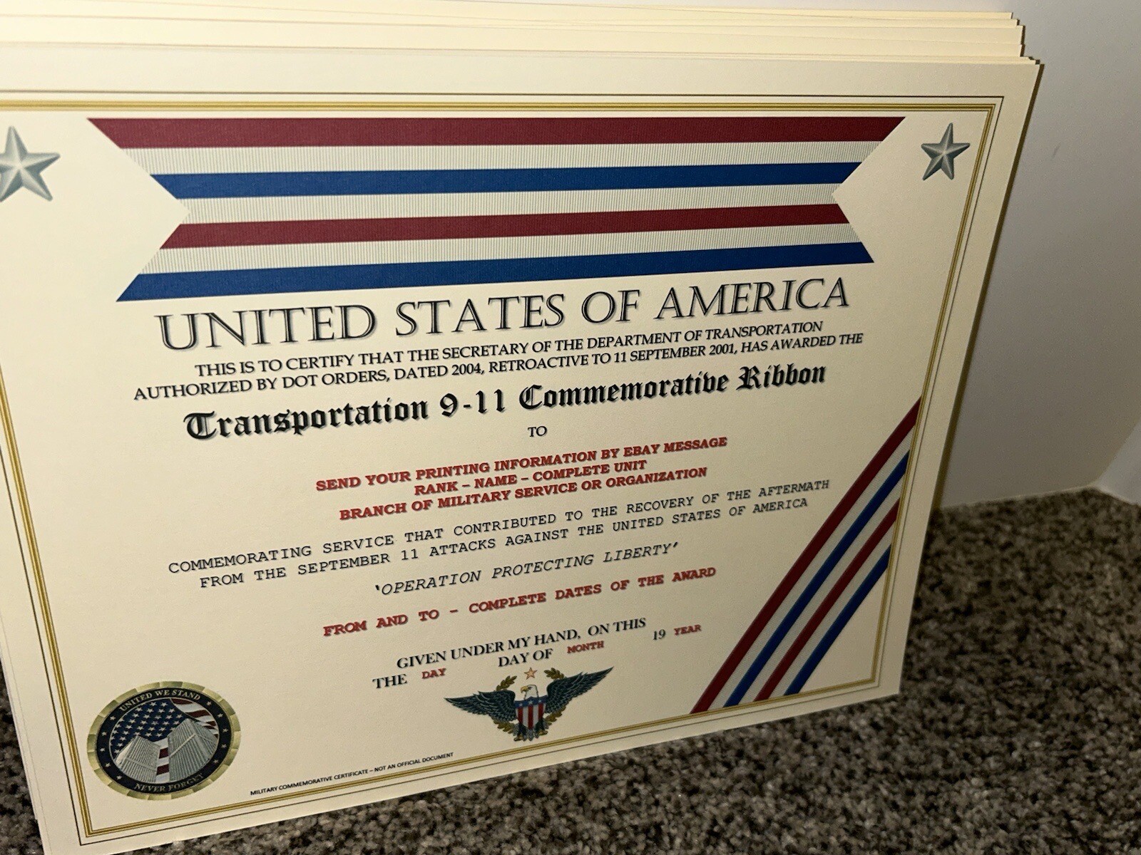 COAST GUARD / TRANSPORTATION 9-11 COMMEMORATIVE CERTIFICATE ~ W/PRINTING TYPE-1