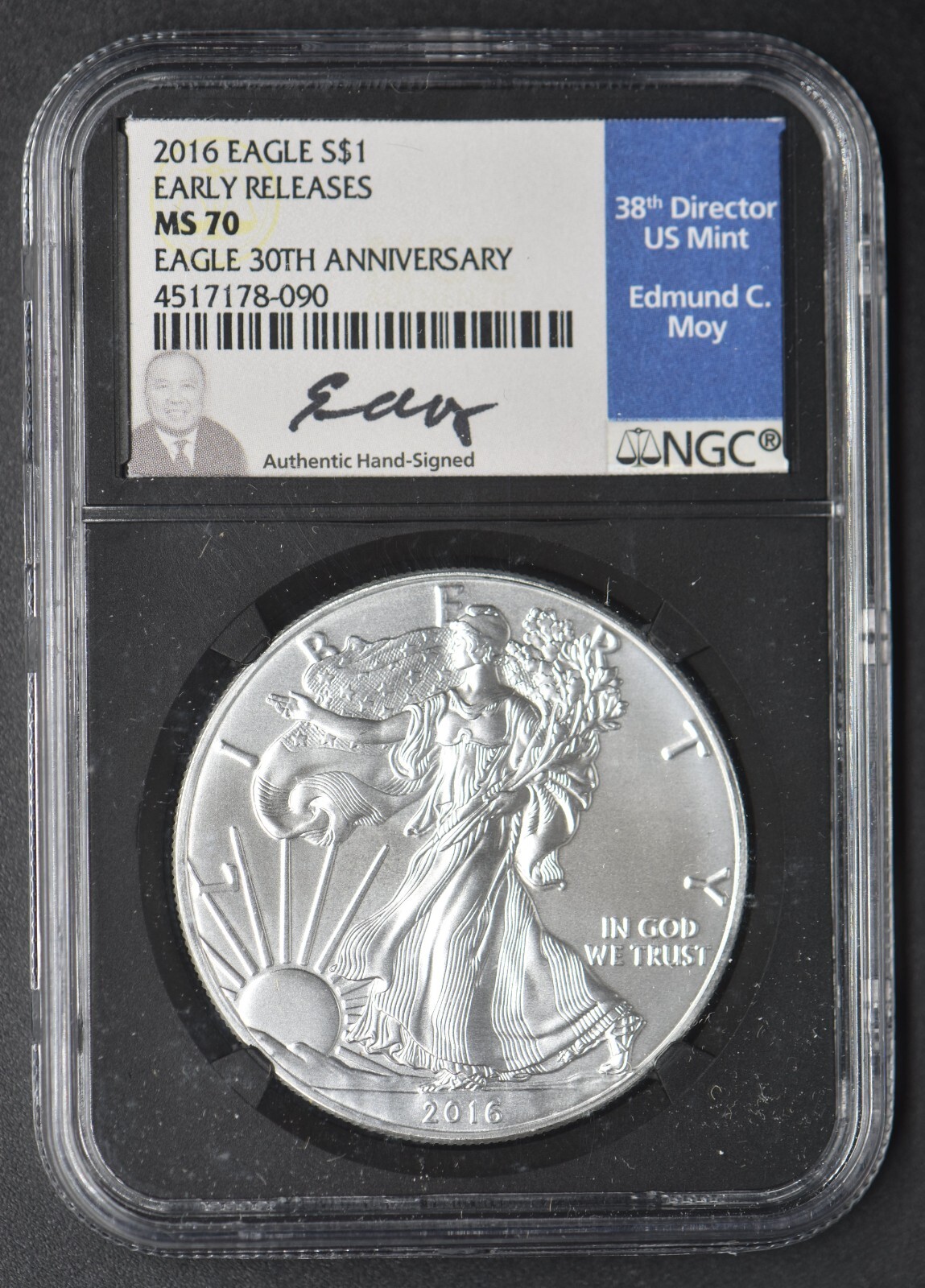 2016 Silver Eagle NGC MS70 Early Releases Signed by Edmund Moy - COINGIANTS -