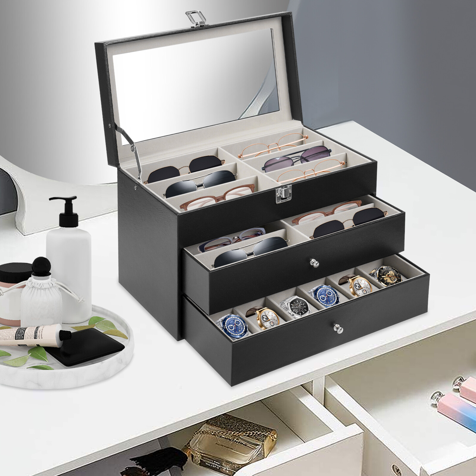 Sunglasses Case Watch Box Watch Case Jewelry Box and 12 Eyeglasses Storage