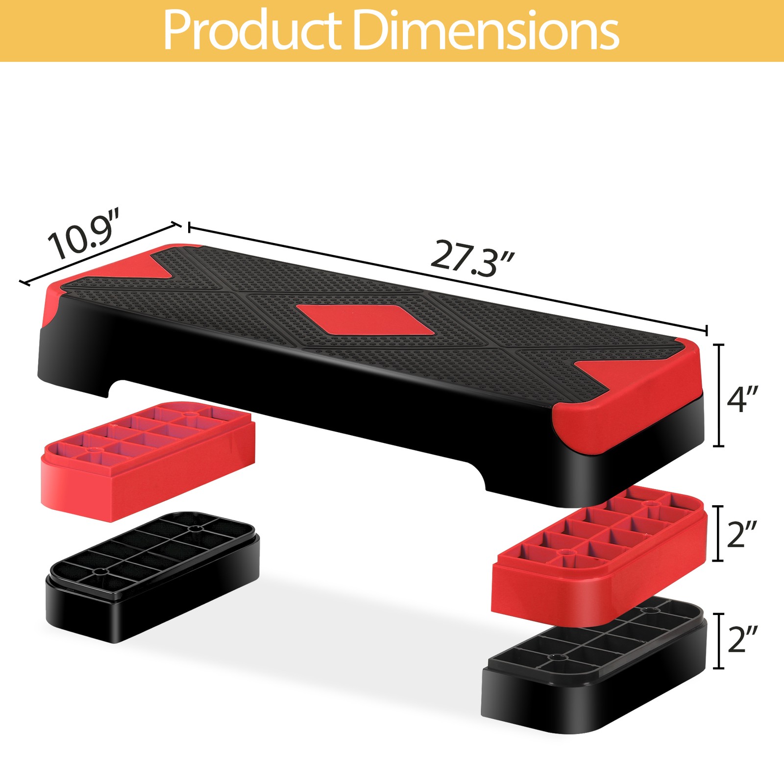 26.5" Aerobic Step Platform Adjustable Exercise Workout Stepper w/4 Risers Red