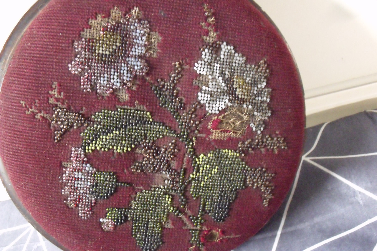 Antique Victorian Beaded Decorative Footstool Floral Pattern
