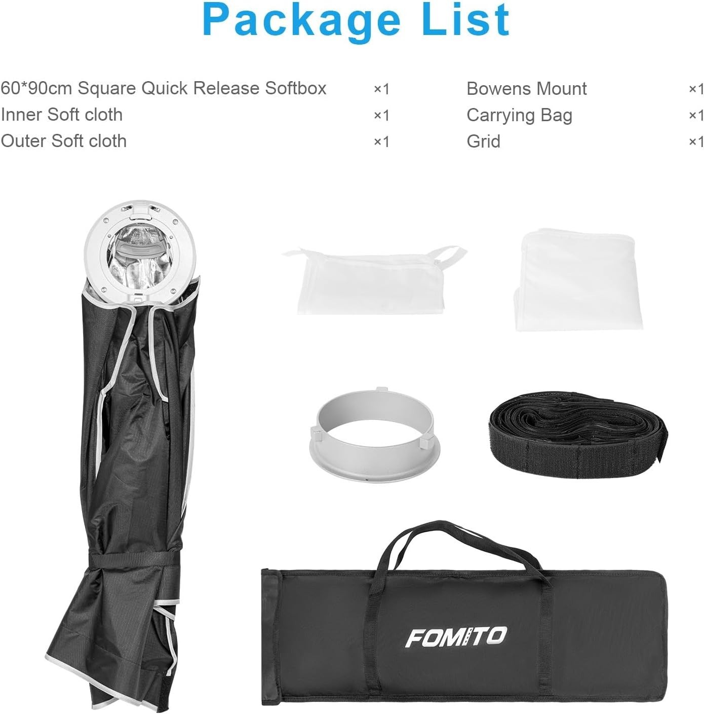 24"x35"/60x90cm Rectangular Softbox, Quick Release Bowens Mount Softbox with ...