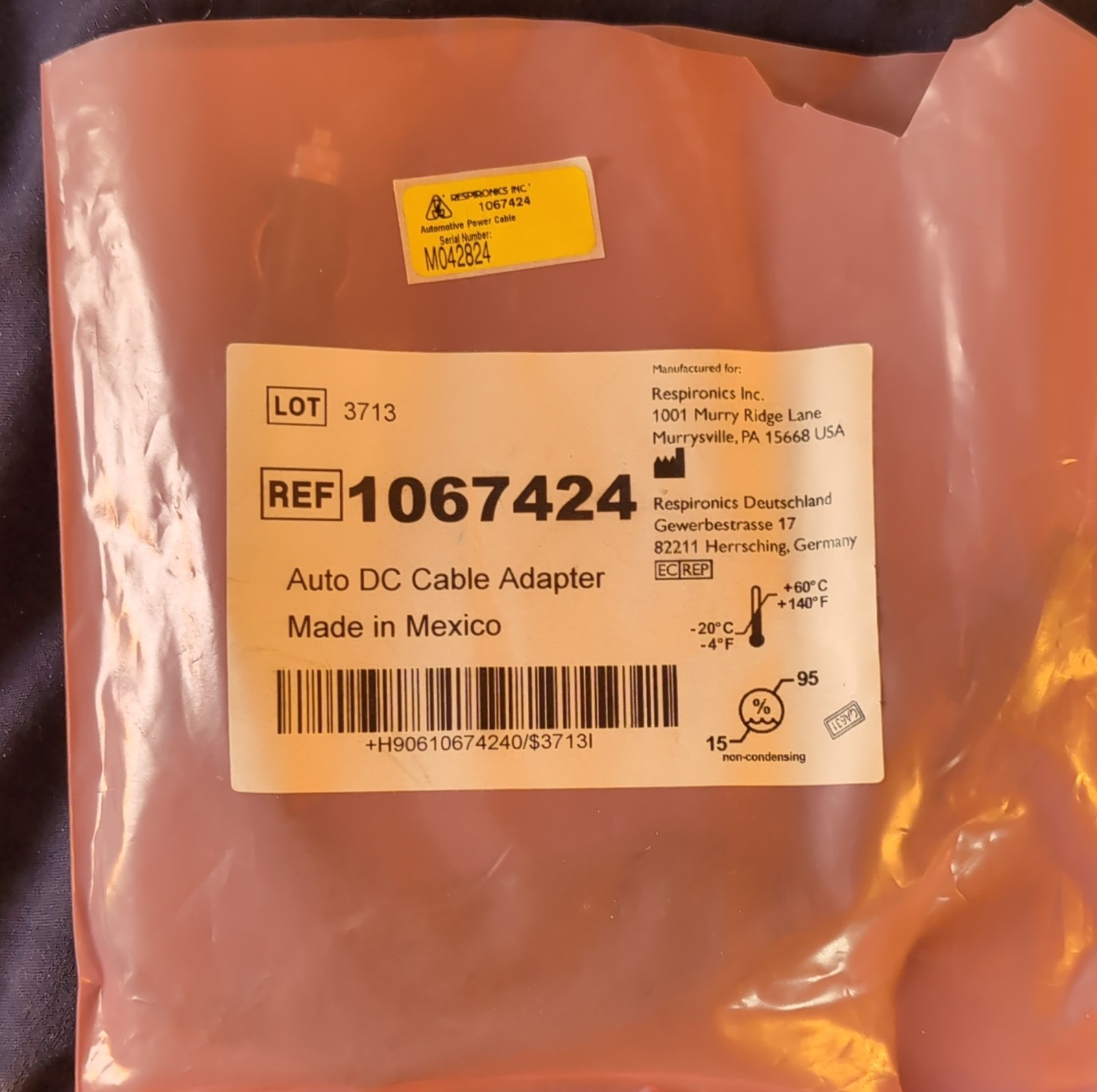 Respironics Auto DC Cable Adapter Model 1067424 MPN 1067424