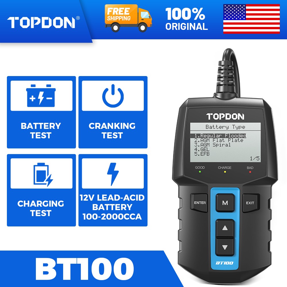 TOPDON BT100 12V Battery Tester Cranking Charging System Test Alternator Check