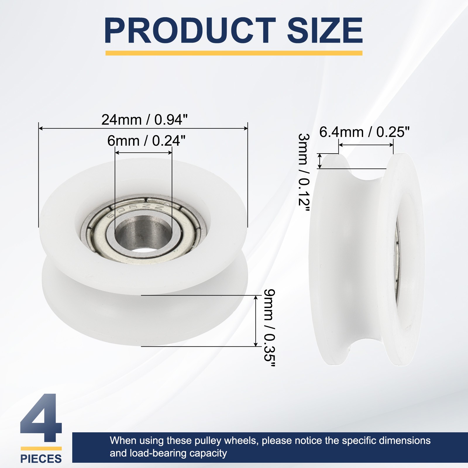 U Groove Ball Bearing Roller, 6 x 24 x 9mm Guide Wheel, White Pack of 4
