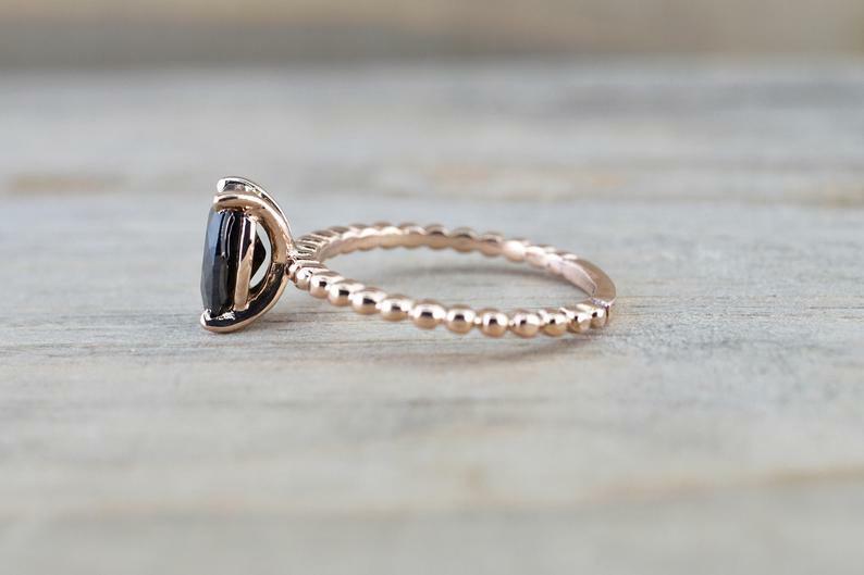 1.05ct Simulated Black Simulated Diamond Ring Beaded Solitaire Rose Gold Plated