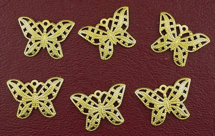 SIX ORNATE 22x15 BRASS BUTTERFLY FILIGREE FINDINGS CF538