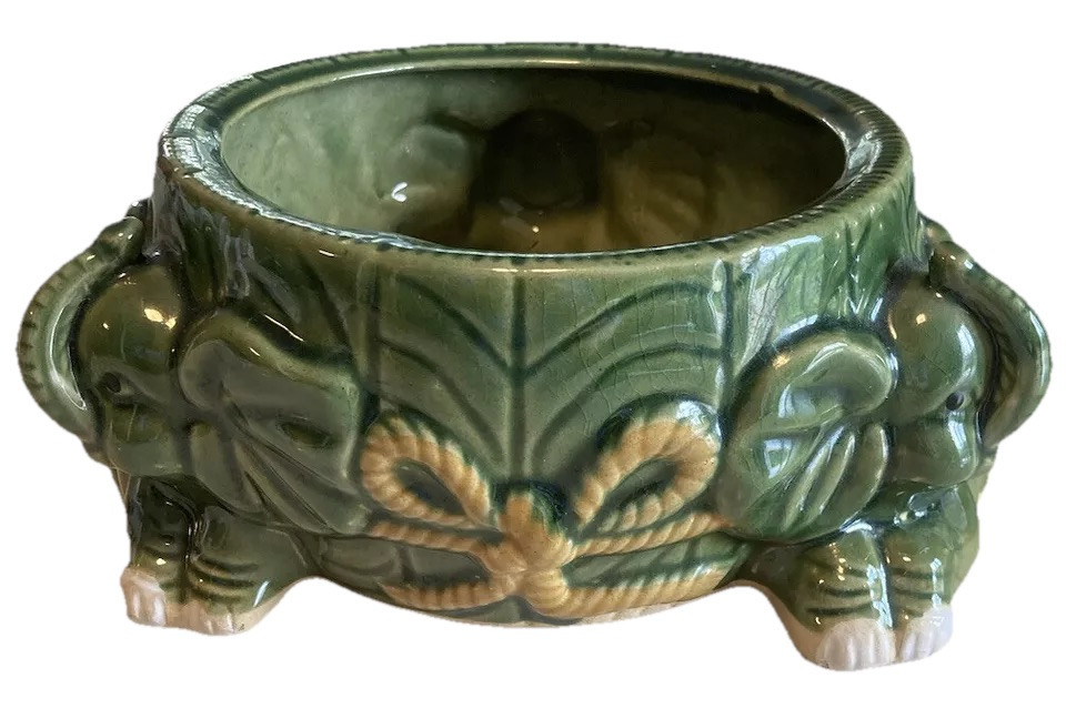 Elephant Trunk Up Ceramic Planter Green Gold 6” Diameter Opening 3.5” Tall