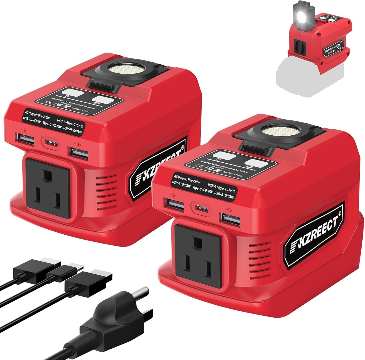 2-Pack 220W Power Inverter for Milwaukee 18V Battery - USB-C PD 30W LED Light