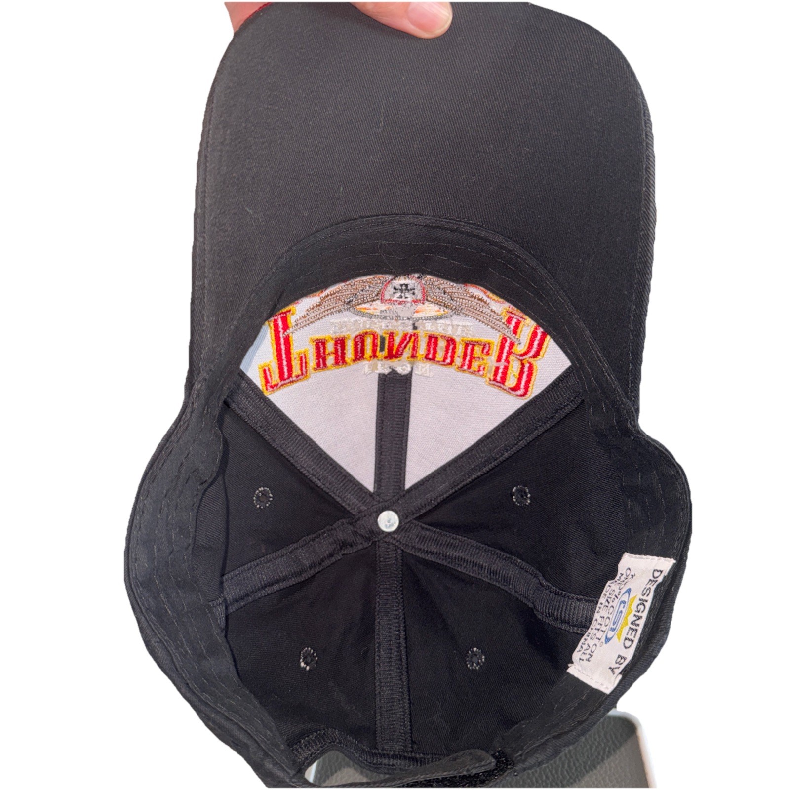 Iron Thunder Rules the Road w Eagle and Flame on Black Hat Cap Cotton Hook Loop