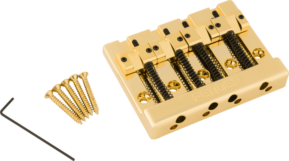 Genuine Fender GOLD HIMASS Block Logo High-Mass Bass Bridge IV w/Brass Saddles