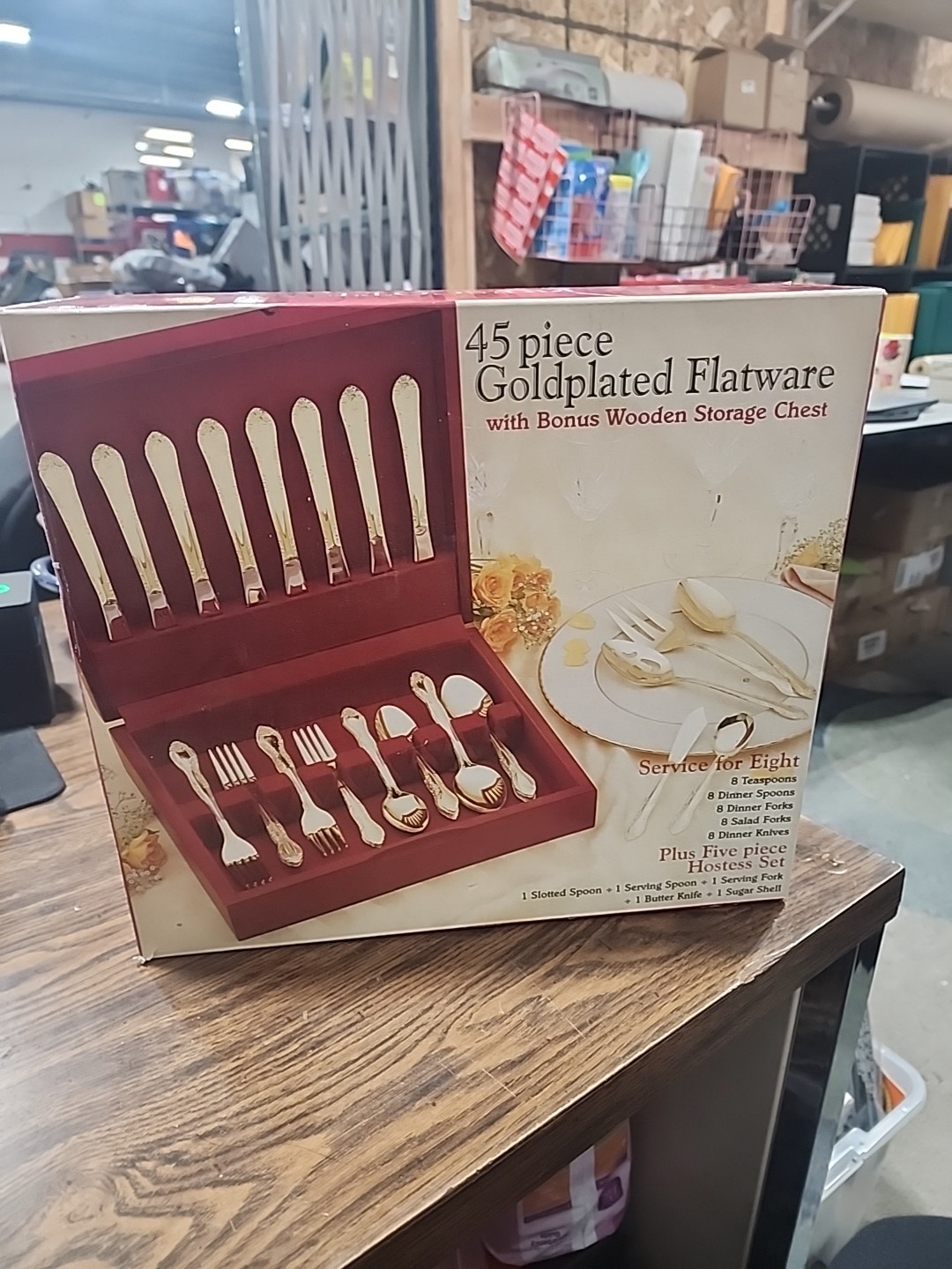Prescott 45 piece Goldplated Flatware, with wooden Chest,and 5 piece Hostess Set