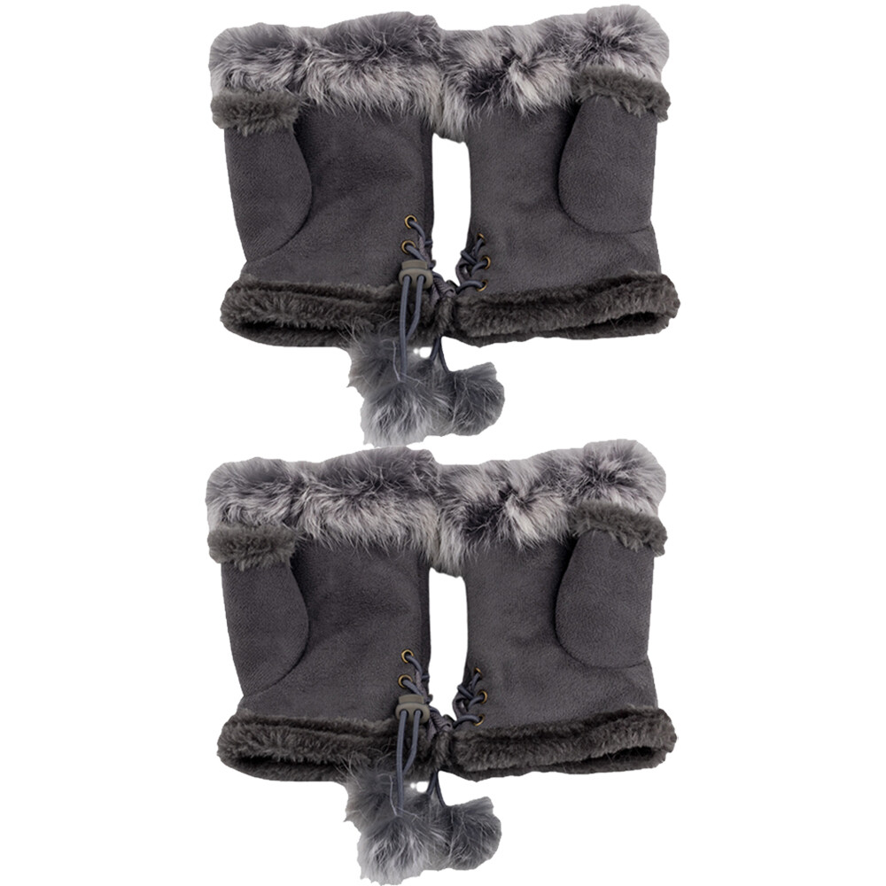 2Pairs Winter Fingerless Faux Leather Gloves Hand Wrist W/Warm Rabbit Fur Gray